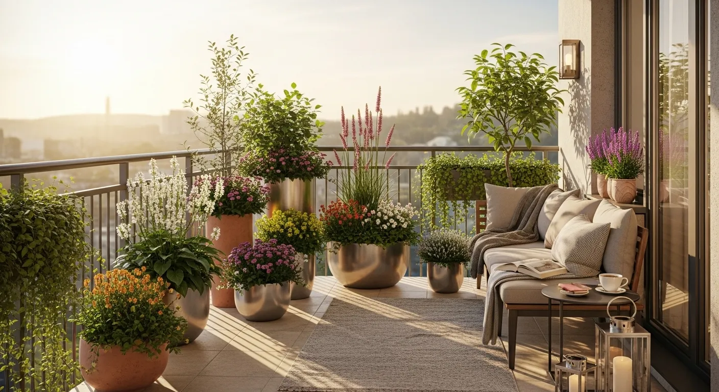 Ein schöner Balkon mit verschiedenen Pflanzen in Töpfen, einem gemütlichen Sitzbereich und Sonnenuntergang im Hintergrund.