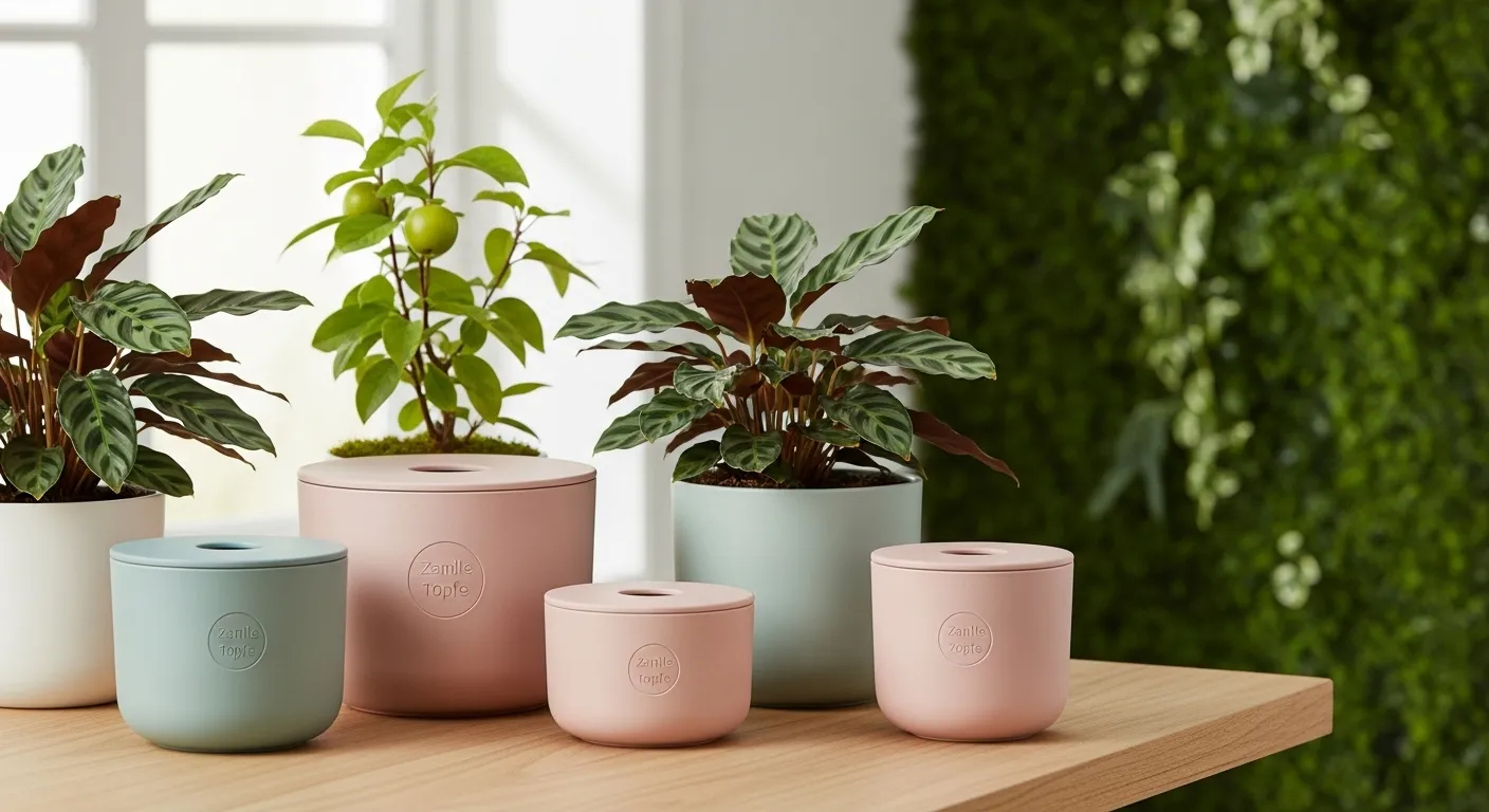 Schöne Pflanzen in modernen Töpfen auf einem Holztisch