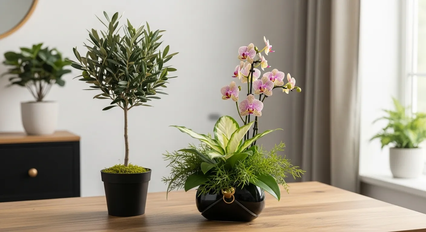 Ein schwarzer Topf mit einer Orchidee und ein kleiner Olivenbaum auf einem Holz Tisch.