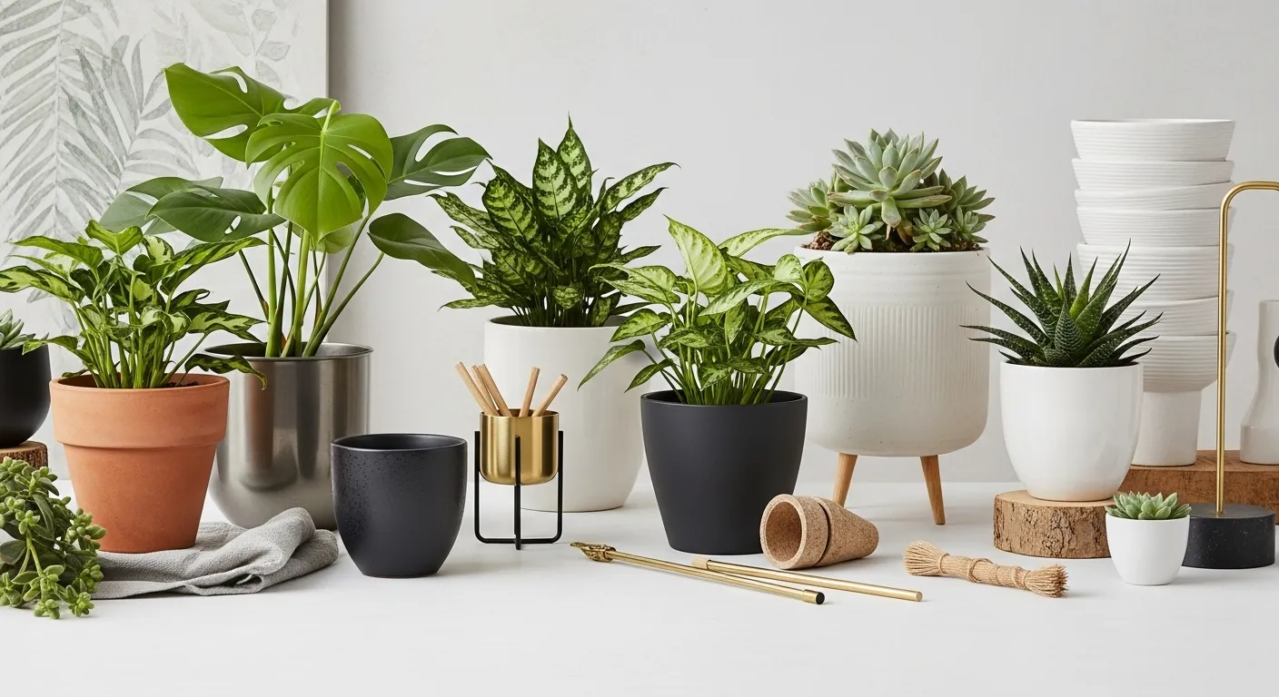 Eine Auswahl an Zimmerpflanzen in verschiedenen Töpfen, arrangiert auf einem hellen Tisch.