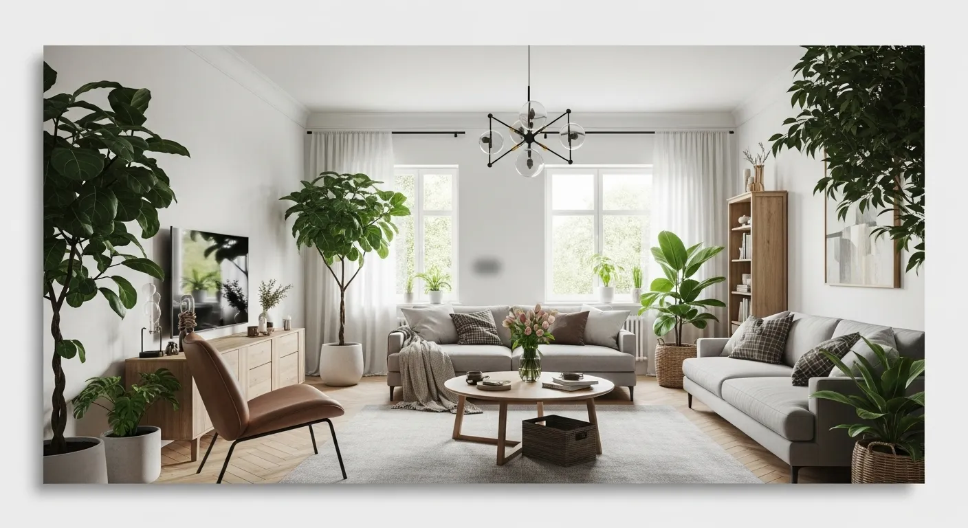 Moderner, luftiger Wohnraum mit Pflanzen und gemütlicher Einrichtung