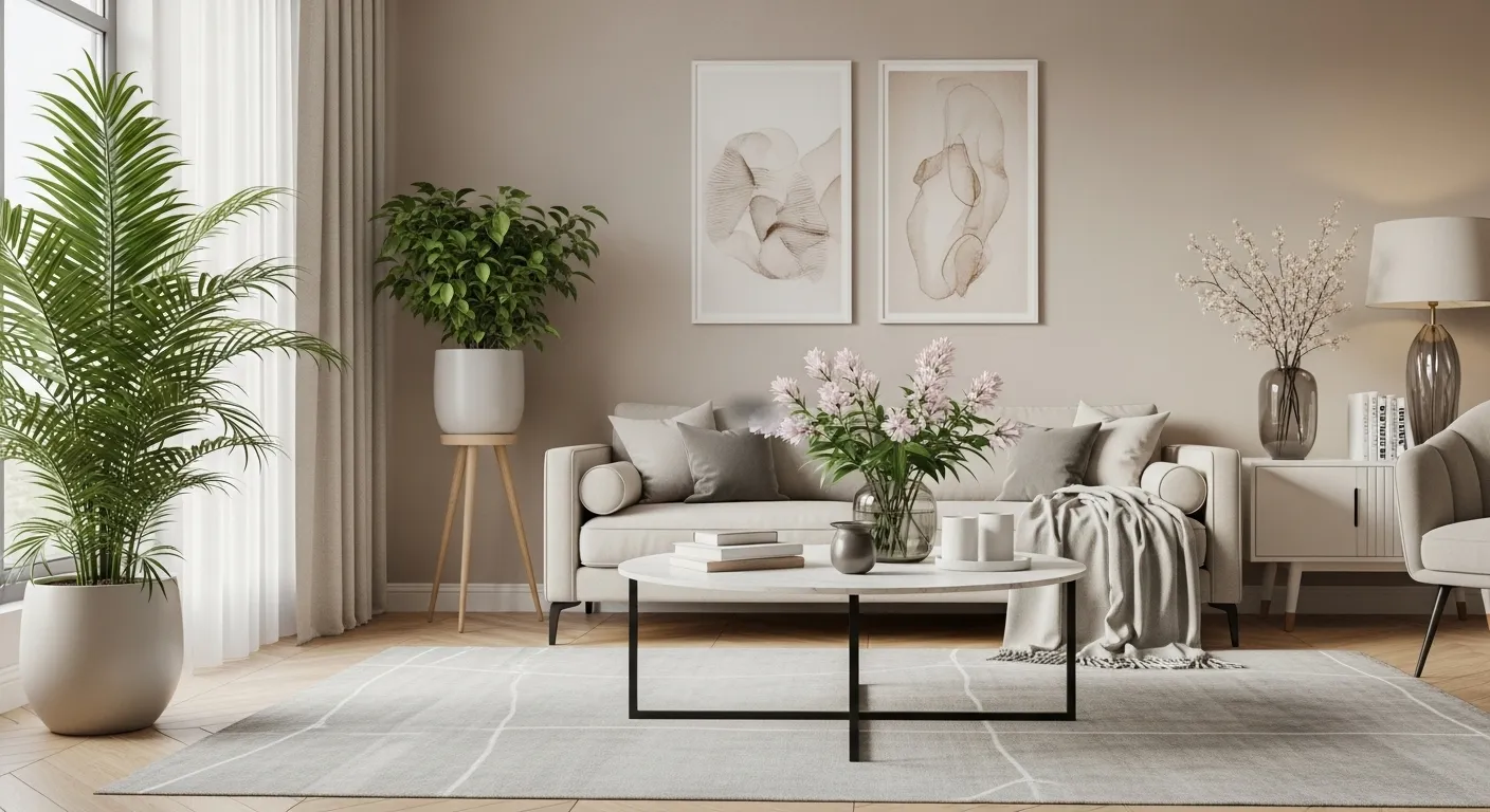 Gemütliches Wohnzimmer mit Pflanzen, Couch und dekorativen Elementen