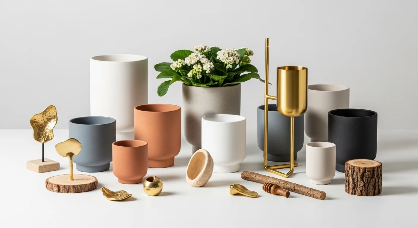 Bunte Töpfe, eine Pflanze und dekorative Accessoires auf einem Tisch