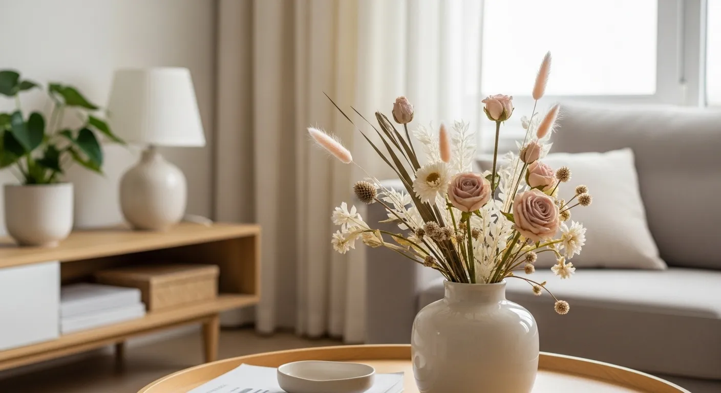 Ein stilvolles Wohnzimmer mit einem blühenden Arrangement von rosa und weißen Blumen in einer Vase.