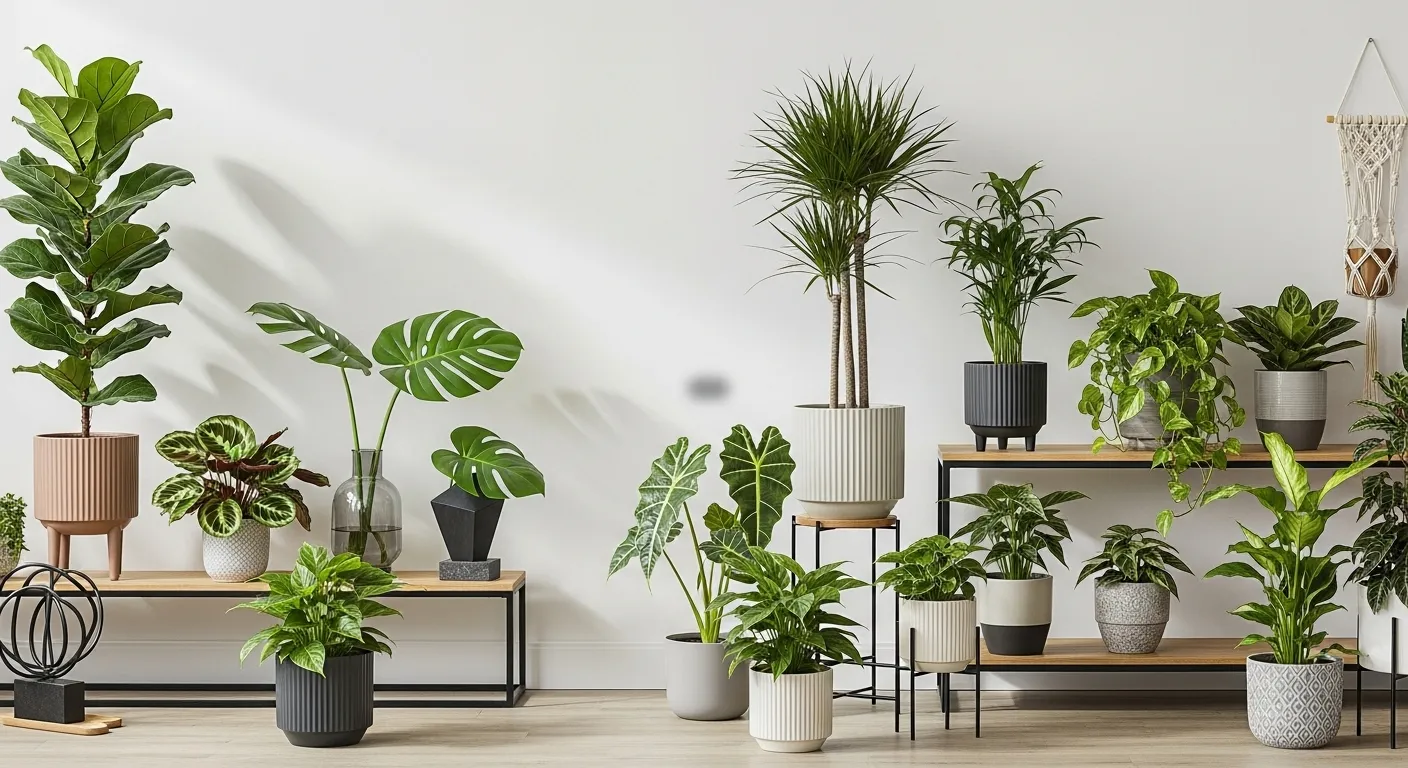 Grüne Pflanzen in Töpfen, arrangiert in einem modernen Innenraum