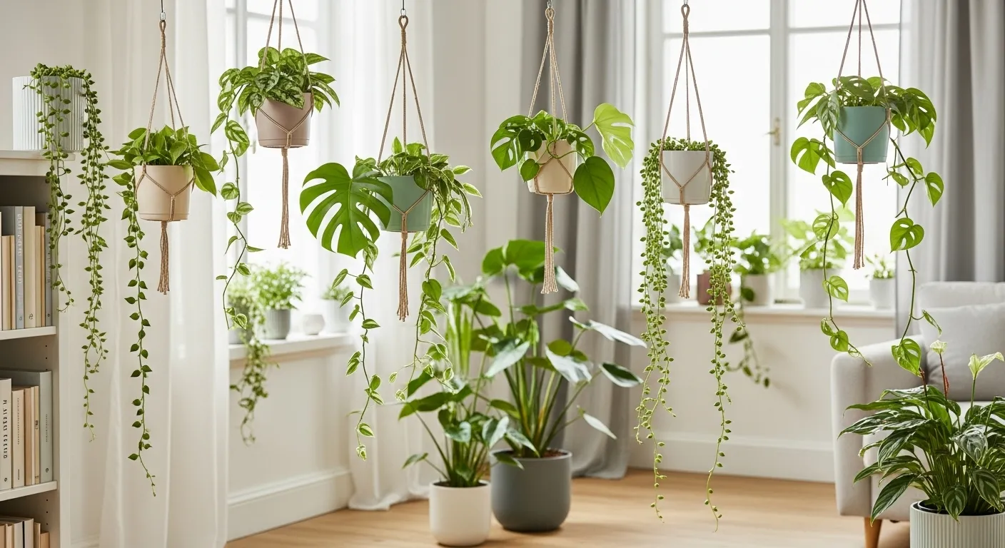 Ein heller Raum mit verschiedenen hängenden Pflanzen und Grünpflanzen auf dem Boden.