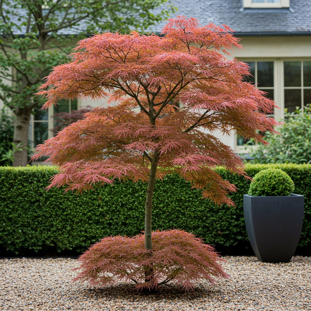 Balkonpflanze - Japanischer Ahorn - Acer palmatum Jerre Swarts - Dunkelrot - 2 Pflanzen - Laubabwerfend - Topf 19cm Höhe 70cm