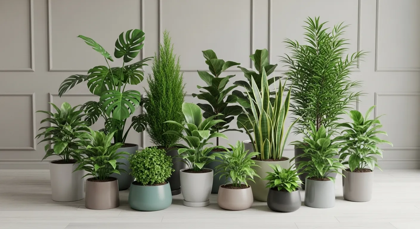 Eine Sammlung von verschiedenen Zimmerpflanzen in modernen Töpfen.