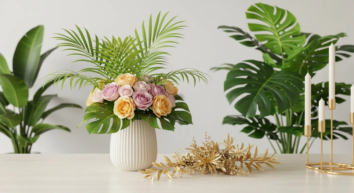 Ein stilvolles Blumenarrangement mit Rosen und grünen Blättern in einem modernen Vasen-Design.