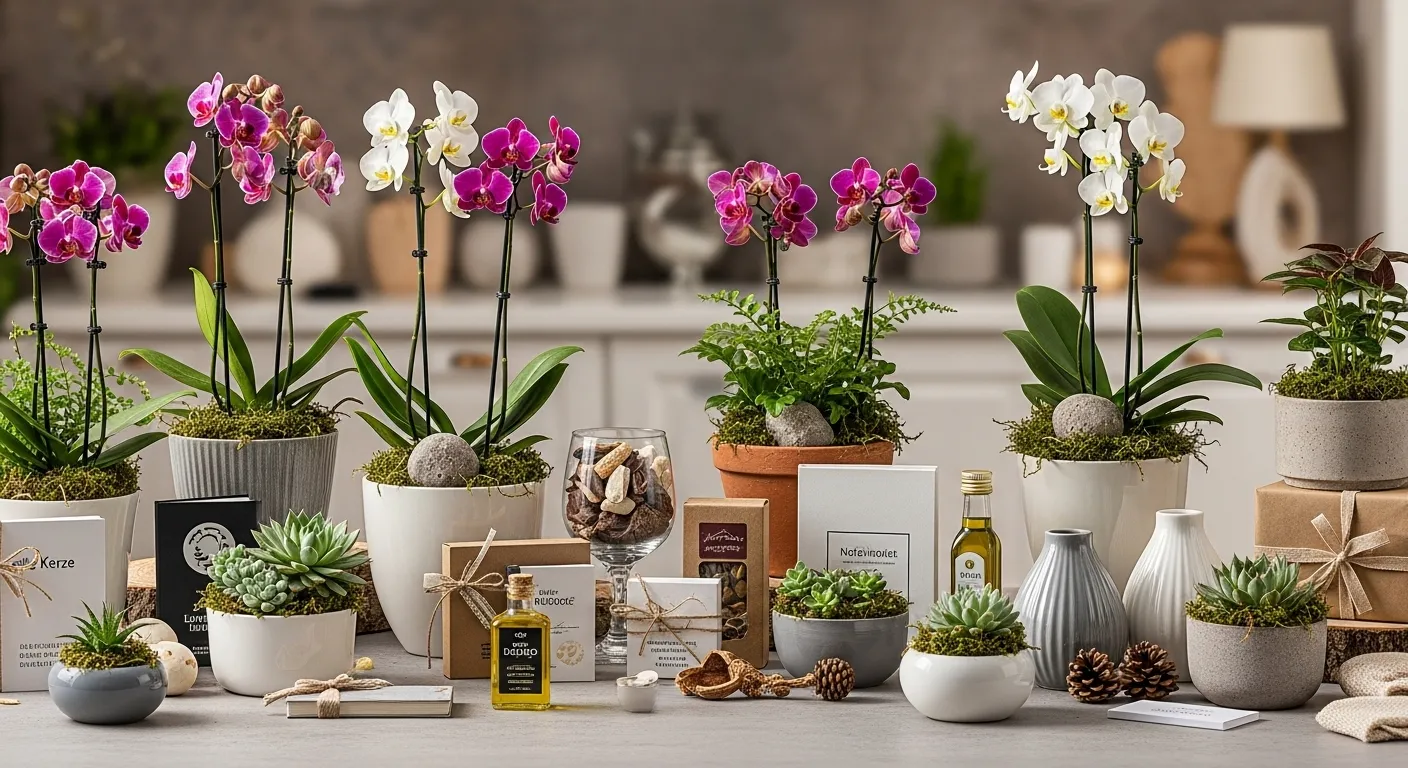 Bunte Orchideen in Töpfen zusammen mit verschiedenen Pflanzen und Dekorationsartikeln auf einem Tisch.