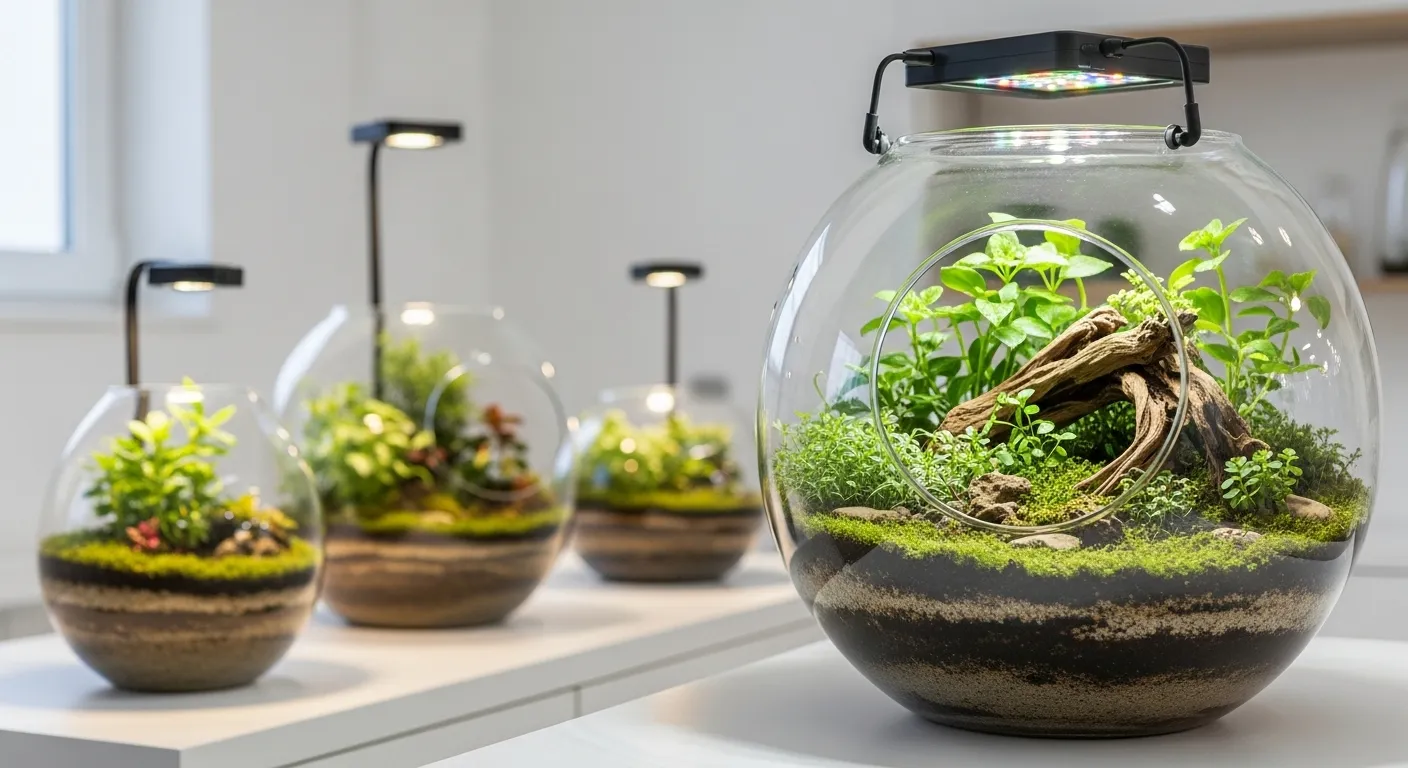 Vier Glaskugeln mit Pflanzen in einem modernen Innenraum