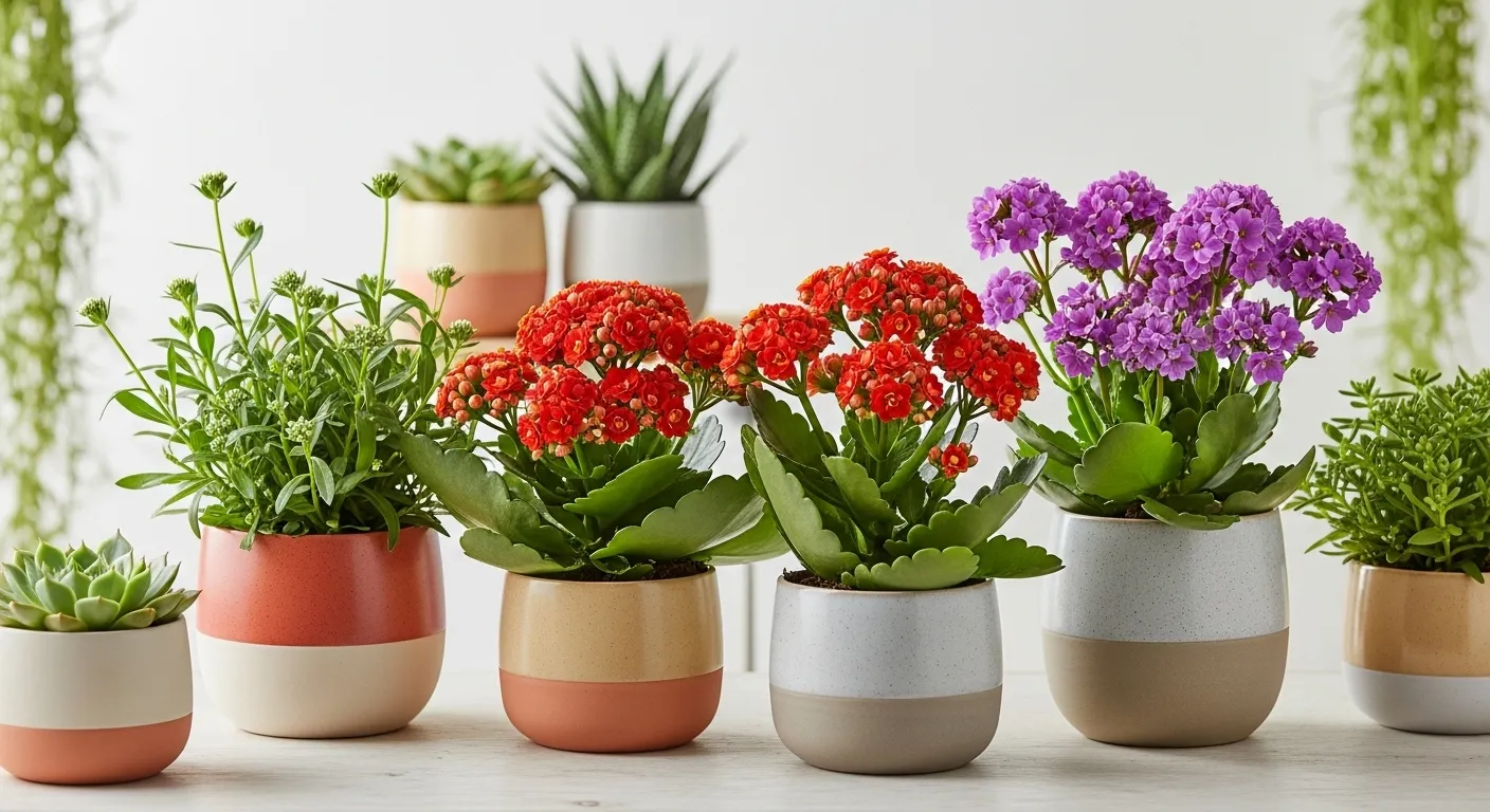 Eine Sammlung von bunten Pflanzen in unterschiedlichen Töpfen