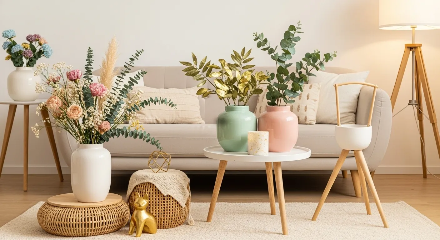 Ein heller und moderner Wohnraum mit verschiedenen Vasen und Pflanzen auf einem Tisch.