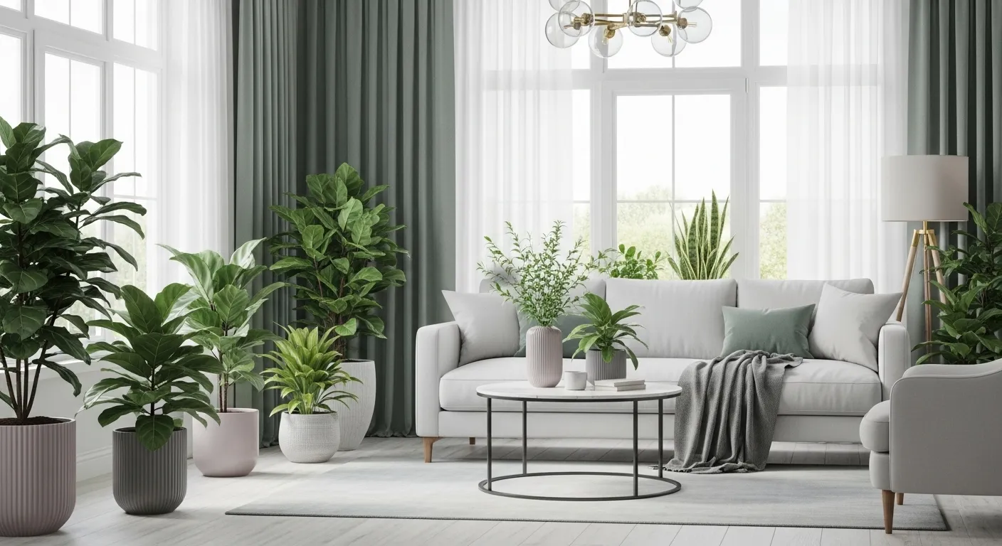 Ein stilvolles Wohnzimmer mit Pflanzen und natürlichem Licht