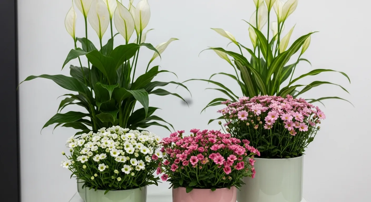 Eine Gruppe von Blumentöpfen mit weißen, rosa und grünen Pflanzen.