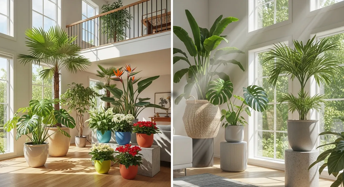 Helles Wohnzimmer mit verschiedenen Zimmerpflanzen in bunten Töpfen