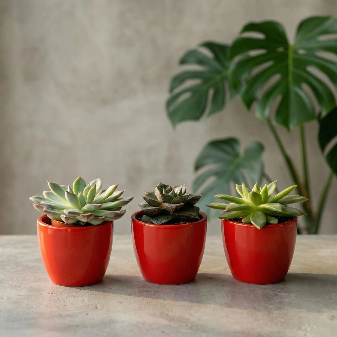Sukkulenten Set 3er mit rotem Mini-Topf
