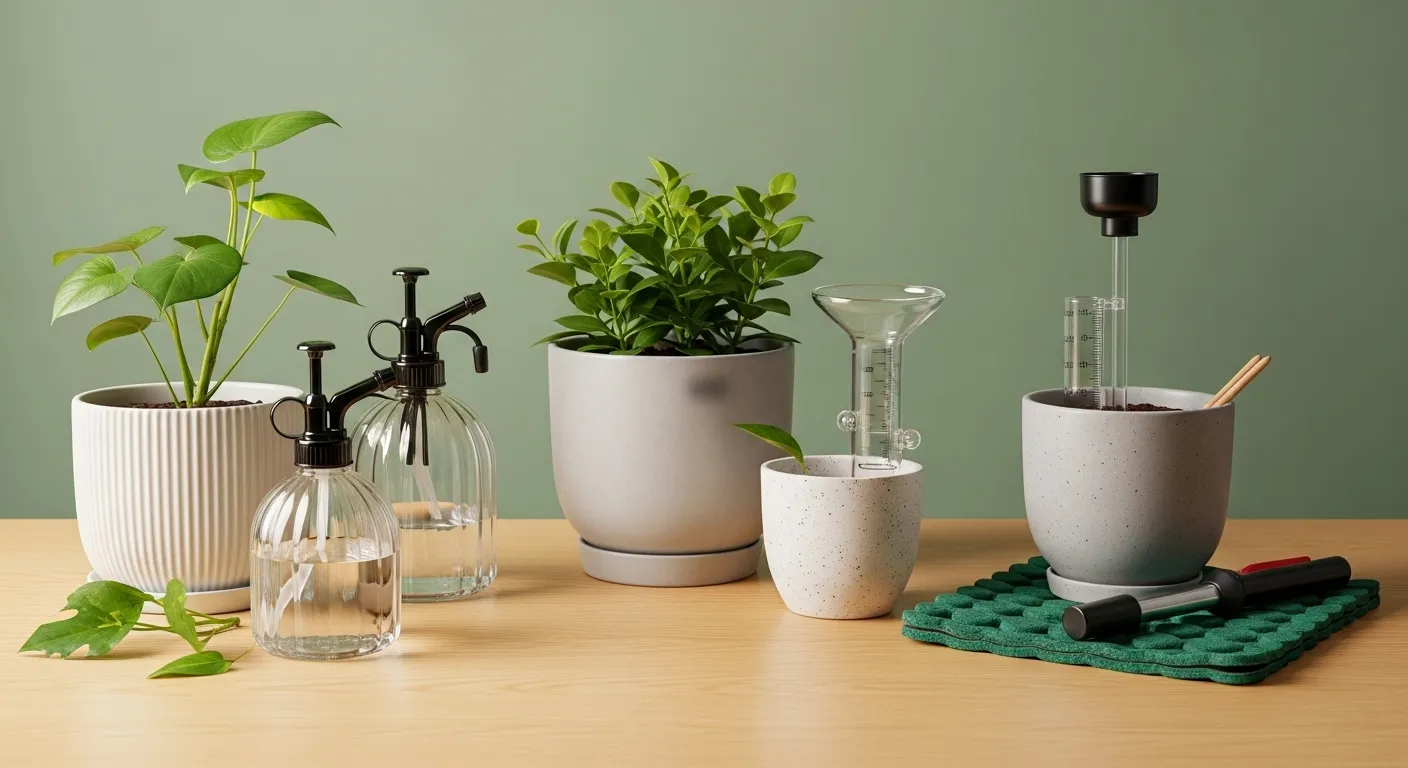 Das Bild zeigt ein stilvolles Arrangement von Pflanzen in Töpfen zusammen mit Gießgeräten und einem Laborgefäß.