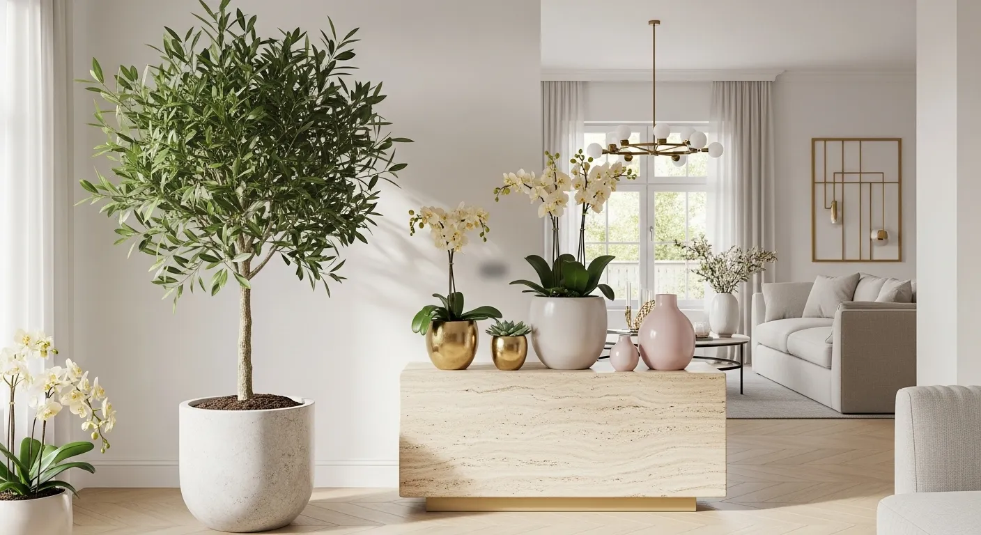 Eine stilvolle Wohnlandschaft mit einem großen Baum, mehreren Blumen in Töpfen und einem eleganten Tisch.