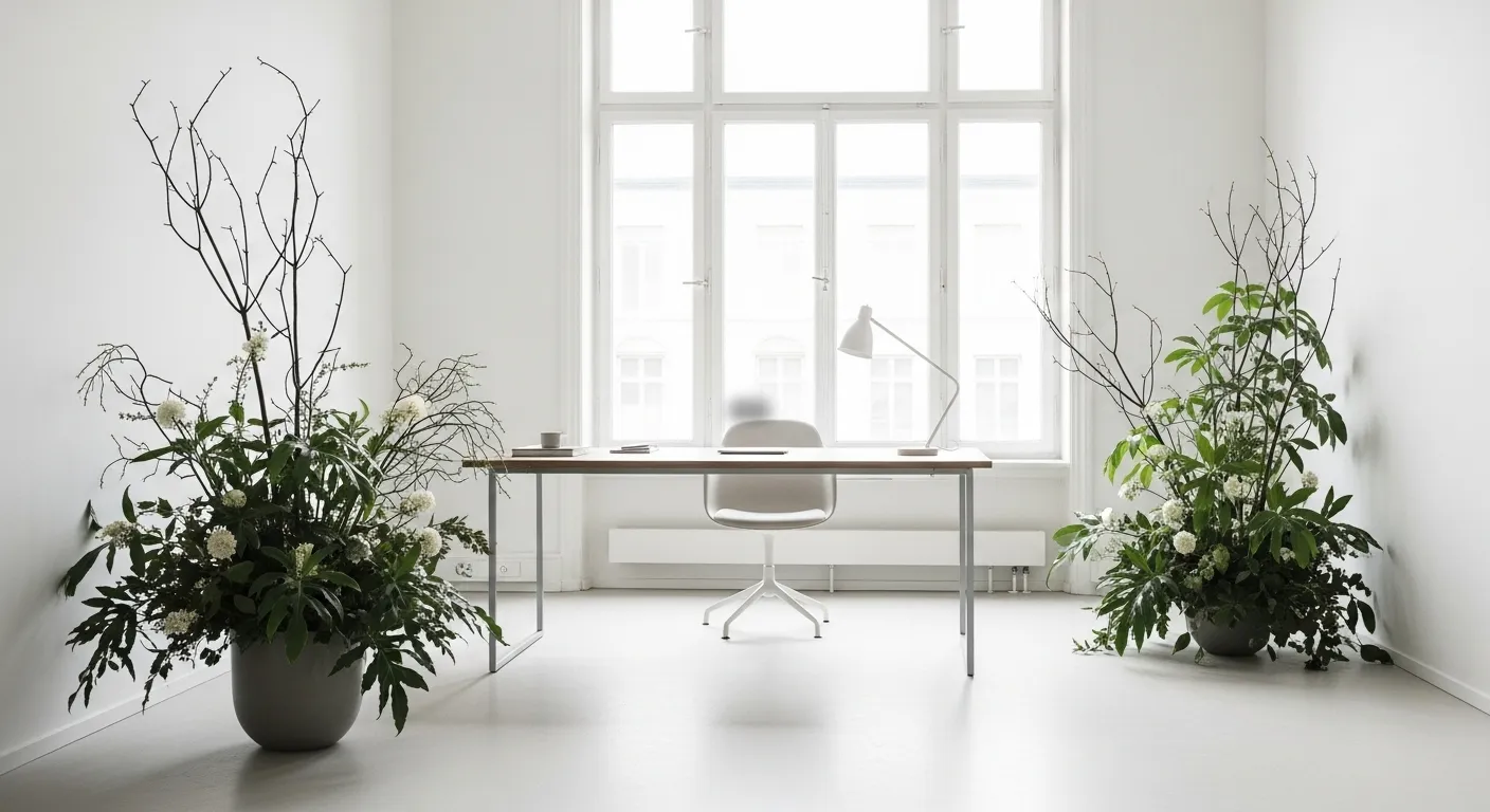 Ein minimalistisches Büro mit einem Schreibtisch und zwei großen Pflanzen